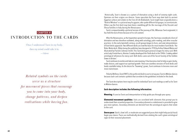 A book spread from "Tarot in Motion" by Schiffer Publishing, Ltd. shows Chapter VI, "Introduction to the Cards," featuring a quote by Valarie, Tarot card meanings, and historical context on healing through movement.
