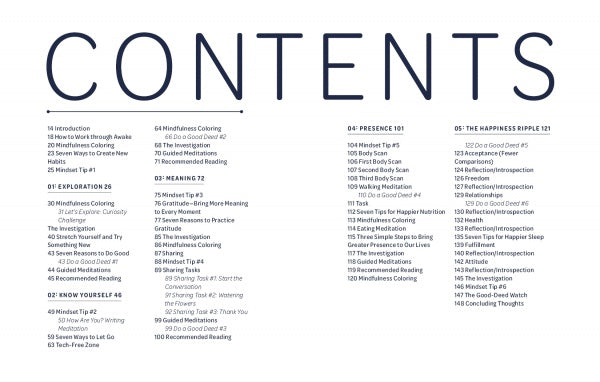 The "Awake" workbook by Schiffer Publishing, Ltd. features a table of contents with section titles, topics, and page numbers—sections include Introduction, Know Yourself, Meaning, Presence 101, and The Happiness Ripple for mindfulness practice.