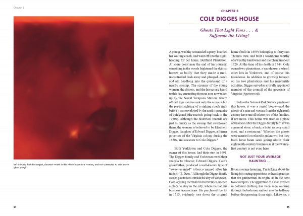A blurred, red-tinted image reminiscent of classic ghost photography appears on the left. On the right, Breakthrough Ghost Photography of Haunted Historic Virginia by Schiffer Publishing, Ltd. details Cole Digges House’s haunted past and ghost stories.