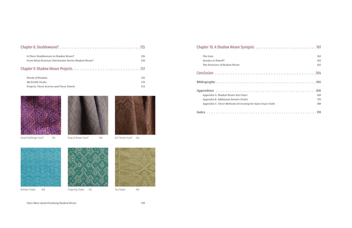 An open copy of "The Enigma of Shadow Weave Illuminated" by Schiffer Publishing, Ltd. displays a table of contents: the left page lists chapters with fabric photos in patterns like shadow weave; the right page lists later chapters and appendices without images.