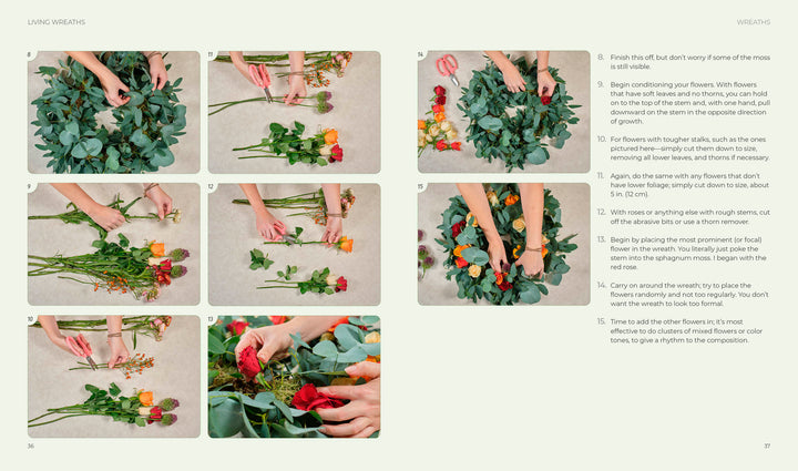Step-by-step photo guide from Schiffer Publishing, Ltd.'s "Wreaths" shows hands arranging vibrant garden roses with scissors and twine, demonstrating how to condition, trim, and combine flowers for stunning contemporary wreaths.