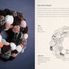 Wreaths by Schiffer Publishing, Ltd. features a colorful yarn pom-pom wreath in shades of pink, red, black, and white, shown on a dark wall with step-by-step instructions for easy DIY wreath making.