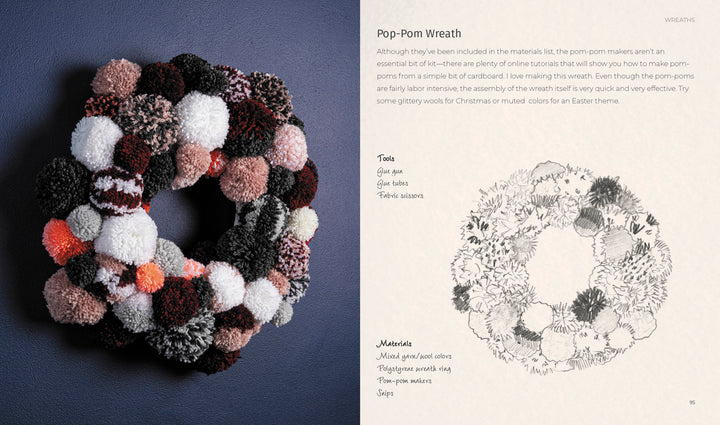 Wreaths by Schiffer Publishing, Ltd. features a colorful yarn pom-pom wreath in shades of pink, red, black, and white, shown on a dark wall with step-by-step instructions for easy DIY wreath making.