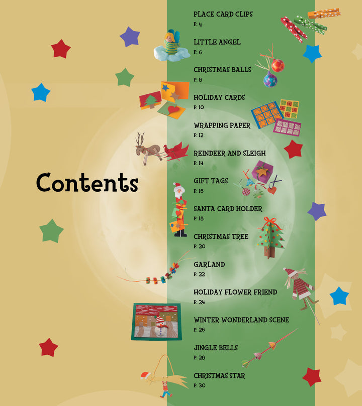 The contents page of "Christmas" by Schiffer Publishing, Ltd. features festive stars, reindeer, elves, ornaments & gifts. A green column highlights DIY & kids’ crafts with page numbers on a light yellow background; contents are left-aligned.