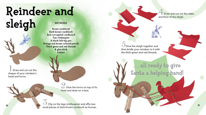 Schiffer Publishing, Ltd.'s "Christmas" offers step-by-step illustrated instructions for creating a festive reindeer and sleigh craft using paper, clothespins, and string—perfect DIY holiday fun with labeled steps and easy drawings for kids.