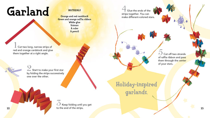 Colorful step-by-step instructions for making a star-shaped paper garland using red and orange cardstock, glue, ribbon, and scissors. Perfect DIY Christmas craft from Schiffer Publishing, Ltd.’s “Christmas” on a white-yellow star background.