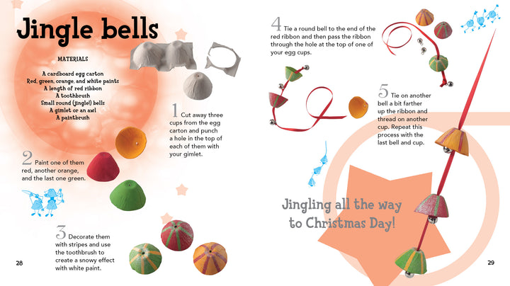 Christmas by Schiffer Publishing, Ltd. is an illustrated step-by-step guide to making jingle bells from painted egg cartons, ribbon, and small bells—perfect for kids' holiday crafts with recycled materials and colorful photos of each stage.