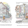 A girl stands in a gray garden by a muted brick house, then sits sadly on a porch, her head down—reflecting childhood depression—in "Fen's Drop of Gray" by Schiffer Publishing, Ltd. The background and house remain colorless throughout.