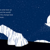 In "The Journey of the Polar Bear" by Schiffer Publishing, Ltd., a polar bear rides a crescent moon over snowy peaks and starry skies, beginning an adventure to meet animals around the world.