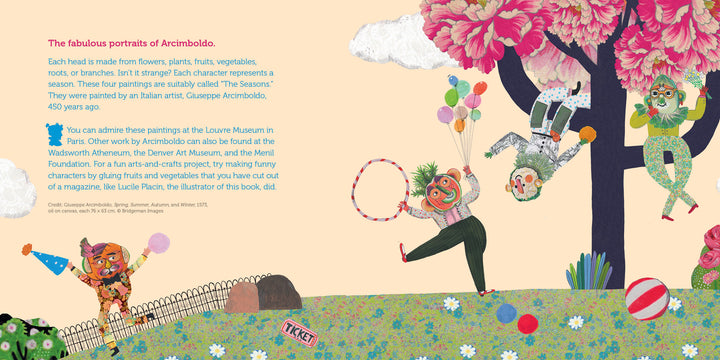 Three whimsical characters, their faces and bodies crafted from fruits, veggies, and flowers, dance in a lush field beside a Four Seasons circus tent. "The Rolling Garden" by Schiffer Publishing, Ltd. brings this joyful scene to life.
