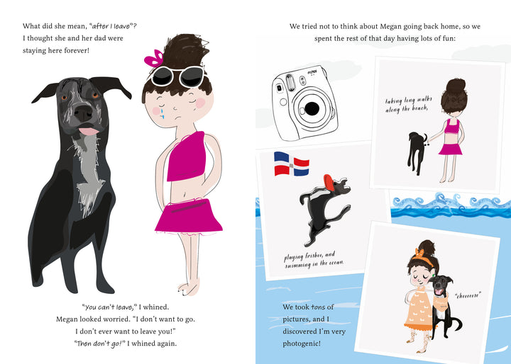 In "Rescuing Rumba" by Schiffer Publishing, Ltd., a girl with a pink bow, swimsuit, and sunglasses stands with her potcake dog, while Polaroid-style photos capture their joyful beach adventures in this heartwarming story.