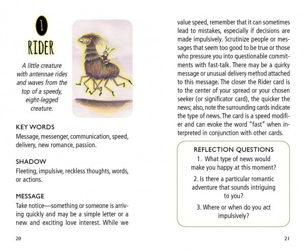 An illustrated Shadowland Lenormand book page from Schiffer Publishing, Ltd. features a creature riding a bird, cartomancy keywords, shadow and message, card meaning in Lenormand, and reflection questions.