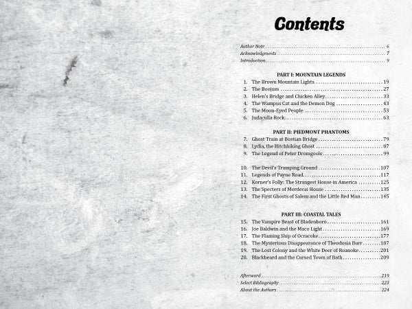 Table of contents page for "Carolina Haints" by Schiffer Publishing, Ltd., featuring a rustic gray background. Sections include Mountain Legends, Phantom Phantoms, and Coastal Tales, highlighting haunted North Carolina and podcast legends.