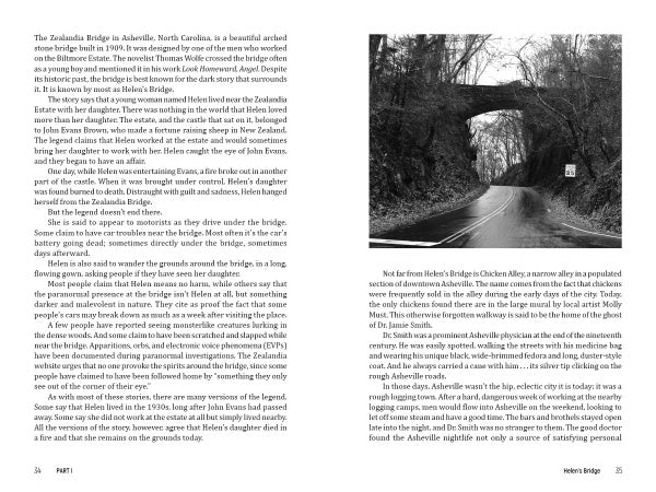 A dramatic black-and-white photo of a winding road under a stone bridge, surrounded by bare trees, evokes the eerie North Carolina legends featured in "Carolina Haints" from Schiffer Publishing, Ltd.
