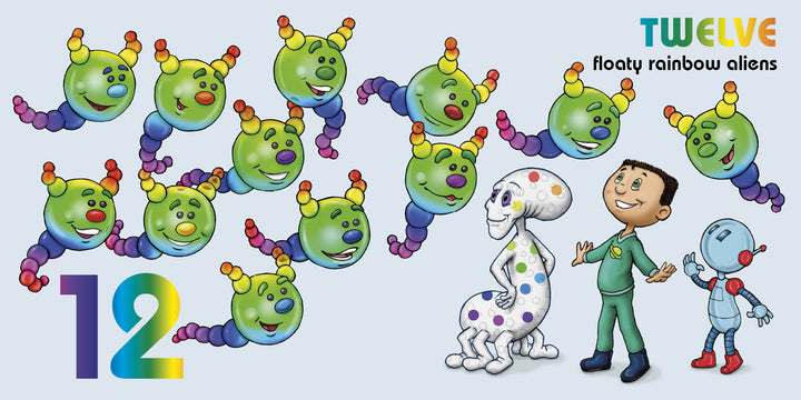 In Schiffer Publishing, Ltd.’s Space Aliens 1-2-3, twelve floating green aliens with striped tails join a cheerful boy, a spotted white alien, and a tiny robot under the rainbow number 12. Cover text reads: TWELVE floaty rainbow aliens.