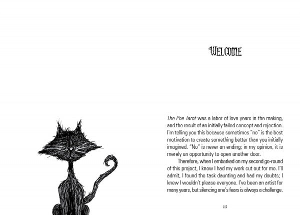 On the left is a rough sketch of a scruffy black cat. On the right, “WELCOME” heads a paragraph about creating The Poe Tarot by Schiffer Publishing, Ltd. and overcoming creative fears.