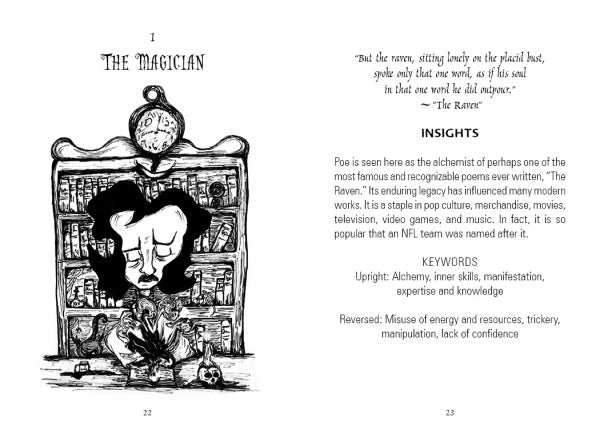 A black-and-white illustration depicts a sad figure under a large clock with a raven, surrounded by books, a cup, tarot cards, and candles. At right, text discusses The Magician card from The Poe Tarot by Schiffer Publishing, Ltd. and Edgar Allan Poe.