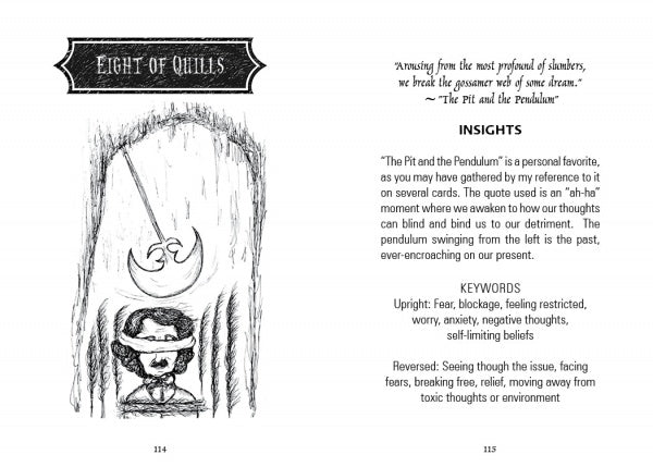 Black and white illustration of a blindfolded figure beneath a swinging pendulum blade, with Eight of Quills above, from The Poe Tarot by Schiffer Publishing, Ltd., inspired by Poe’s The Pit and the Pendulum and offering tarot insights.