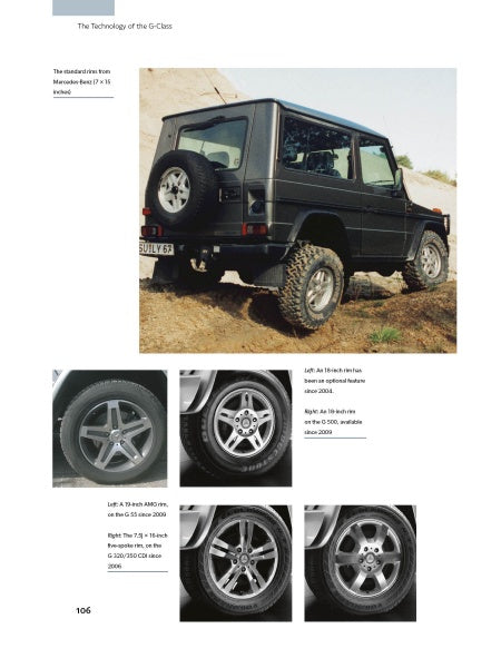 The Mercedes-Benz G-Class by Schiffer Publishing, Ltd. is shown as a luxury SUV in black on a rocky slope, with close-up images of four distinct wheel and rim designs featured below the main all-wheel-drive vehicle image.