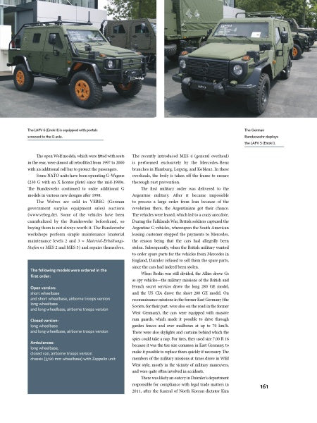 A magazine page displays two green all-wheel-drive Mercedes-Benz G-Class vehicles with spare tires on the hoods, parked outdoors. Text discusses the model, published by Schiffer Publishing, Ltd., with a gray info box in the lower left corner.