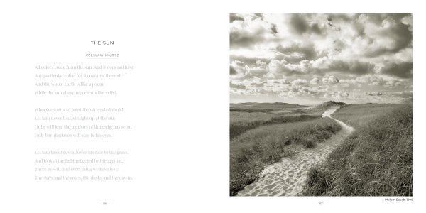 An open book, "Martha's Vineyard" by Schiffer Publishing, Ltd., displays the poem "The Sun" on the left and a sepia Michael Kahn photo of a sandy path winding through grassy dunes under a sky with scattered clouds on the right.