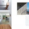 A modern entryway with wood and stone opens to a bright living area. To the right, “Concrete Houses” by Schiffer Publishing, Ltd. features a sculptural concrete wall, casting shadows and a railing, highlighting concrete’s unique beauty.