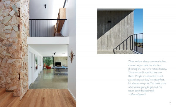 A modern entryway with wood and stone opens to a bright living area. To the right, “Concrete Houses” by Schiffer Publishing, Ltd. features a sculptural concrete wall, casting shadows and a railing, highlighting concrete’s unique beauty.
