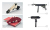 Loaded by Schiffer Publishing, Ltd. features four firearms crafted from books and typewriters—two on the left (pistol, revolver), two on the right (submachine guns)—displayed on white, exploring gun culture in contemporary art with captions below.