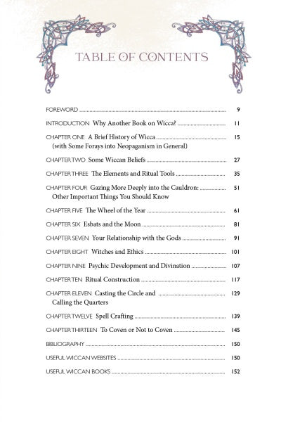 The table of contents in "An Illuminated Guide to Wicca" by Schiffer Publishing, Ltd. lists chapters on beliefs, elements, rituals, tools, spells, divination, and solitary practice—all with page numbers for easy reference.
