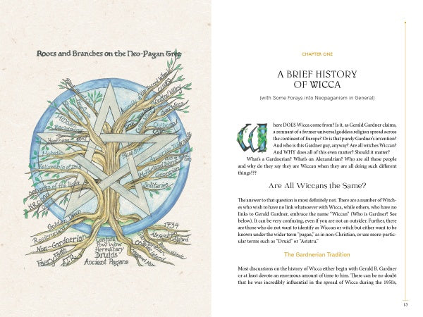 On the left, a hand-drawn Neo-Pagan Tree diagram labeled Roots and Branches illustrates Wicca's origins. On the right, text introduces “A Brief History of Wicca,” Chapter One from Schiffer Publishing’s *An Illuminated Guide to Wicca*.
