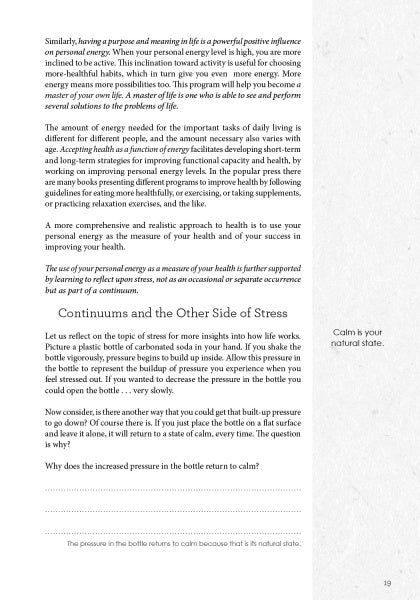 A page from "Balancing Act" by Schiffer Publishing, Ltd. explores energy management, stress, and well-being. A sidebar reads, “Calm is your natural state.” At the bottom, a water analogy encourages reflection on personal energy.