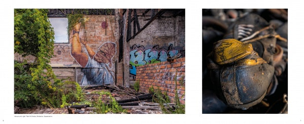 Memories of Australia" by Schiffer Publishing, Ltd. features a mural of a person with greenery on an overgrown building and a close-up of a worn gas mask against graffiti, capturing the essence of Australian industrial architecture.