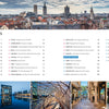 The table of contents in Secret Cities of Europe by Schiffer Publishing, Ltd. lists hidden European cities and regions by section, featuring a cityscape with photos of modern buildings, riverwalks, and street markets. Central and Western Europe sections include page numbers.