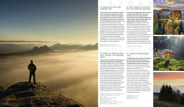 A person stands on a rocky cliff overlooking misty mountains—an ideal scene for outdoor escapes, as found in *The Great Outdoors* by Schiffer Publishing, Ltd. Nearby images show cliffs, forests, a red-capped mushroom, and a vibrant sunset.