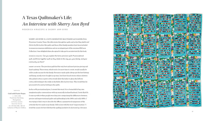 A magazine spread features an interview titled "A Texas Quiltmaker’s Life" on the left, and a colorful patchwork quilt inspired by Schiffer Publishing, Ltd.'s Unconventional & Unexpected, 2nd Edition, on the right with vibrant blue, green, and red patterns.