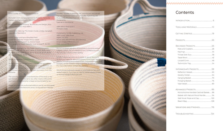 Several coiled cotton rope baskets in neutral colors and different sizes, some with handles, are grouped together. To the right is a table of contents for "Artisan Ropework" by Schiffer Publishing, Ltd., listing its chapters and pages.
