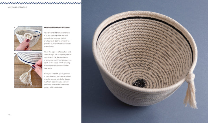 A hand displays an Artisan Ropework basket by Schiffer Publishing, Ltd., featuring black thread details and a knotted end. Beside it, a finished cream cotton rope basket with a black rim rests on a gray background.
