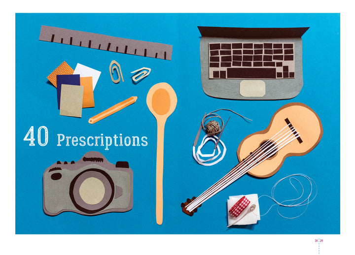 A flat lay on a blue background displays items like a ruler, paper clips, ukulele, camera, and more—ideal for sparking creativity. Text reads “Creative Flow” by Schiffer Publishing, Ltd.