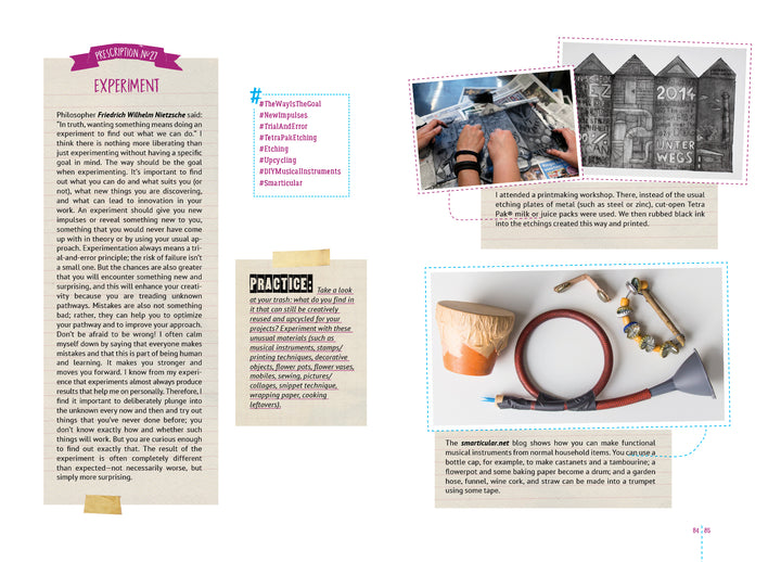 A vibrant page from "Creative Flow" by Schiffer Publishing, Ltd. highlights creativity tips, shows hands cutting paper, displays chalk art houses and DIY items like a funnel and horn, with hashtags along the right side.
