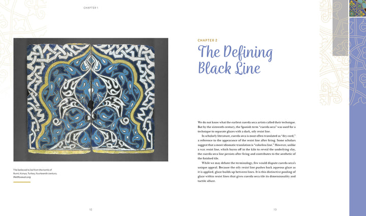 Cuerda Seca" by Schiffer Publishing, Ltd.: A blue, white, and gold abstract artwork in the cuerda seca tile style featuring ornate patterns around white Arabic calligraphy is shown on a gray background. Text: “Chapter 2: The Defining Black Line.”.