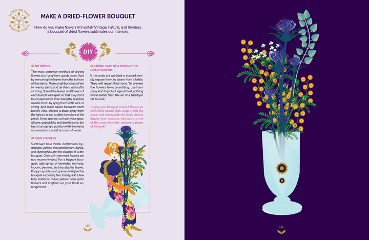 An instructional page from "Flower Delights" by Schiffer Publishing, Ltd. features steps for making a dried-flower bouquet, with text on the left and an illustrated bouquet in a blue vase on the right, set against a dark purple background.