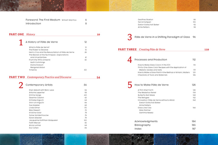 Table of contents from *Pâte de Verre* by Schiffer Publishing, Ltd., with a colorful glass art tile border and a clean, modern listing of section titles, chapter headings, and page numbers.