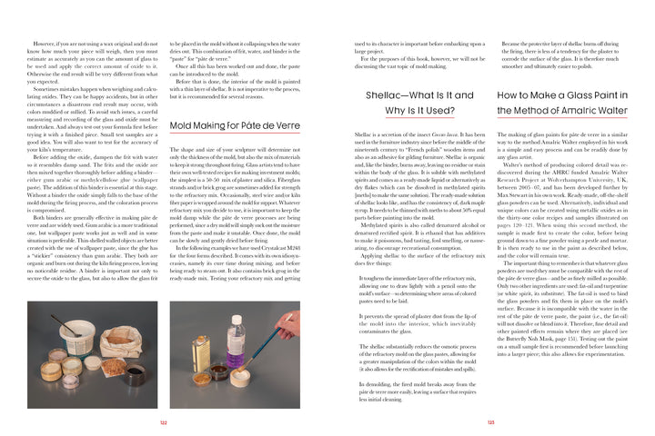 The book "Pâte de Verre" by Schiffer Publishing, Ltd. features glass art techniques, with sections on mold making, the use of shellac, creating glass paint, and images illustrating materials and steps for mold making.
