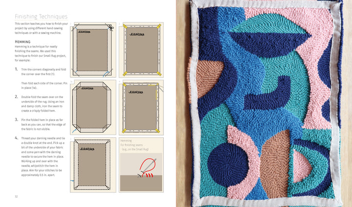 Instructional page by Schiffer Publishing, Ltd. shows how to hem fabric for beginners, with diagrams left and a vibrant punch needle textile—blue, pink, green, and peach shapes—on the right. Product: Punch Needle.