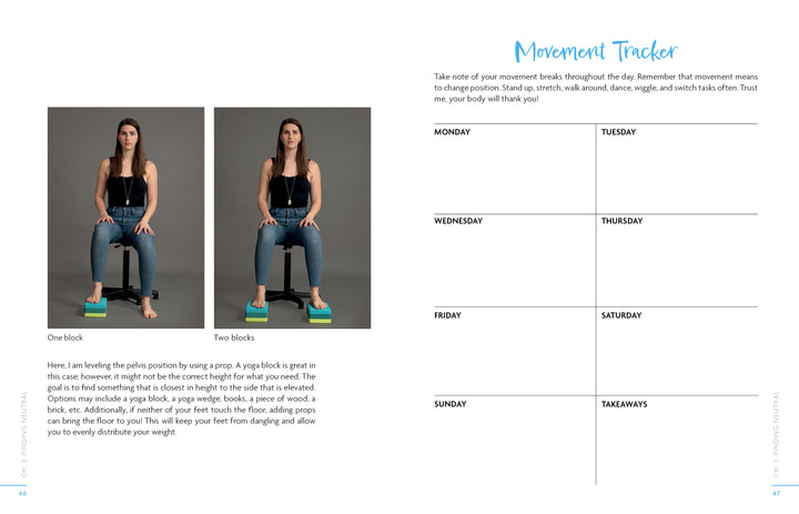 Two images from Wellness for Makers by Schiffer Publishing, Ltd. show a woman using yoga blocks: first with one under each foot, then two stacked under both feet. On the right is a Movement Tracker with days listed.