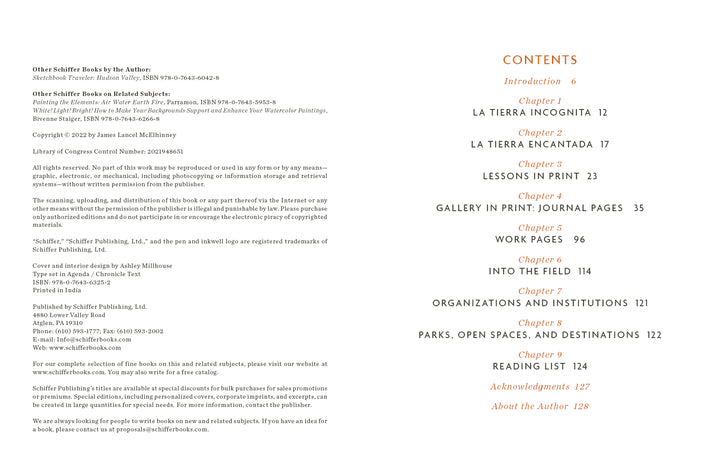 An open Sketchbook Traveler Southwest by Schiffer Publishing, Ltd. shows a copyright page left and, on the right, an orange-and-brown table of contents—perfect for sketchbook travelers or visual journal fans—listing chapters with page numbers.