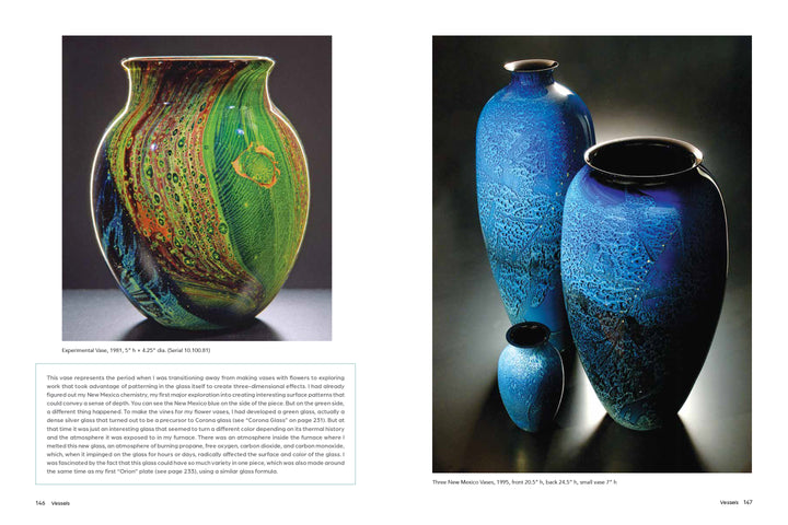 Two pages from "Josh Simpson" by Schiffer Publishing, Ltd. showcase glass art: a green and orange marbled vase on the left page, and three blue, space-inspired vases with intricate patterns by Josh Simpson on the right.