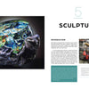 A vibrant glass sculpture by Josh Simpson, from Schiffer Publishing, Ltd., is displayed on a dark base (left). Two artists craft glass art in a studio (right). Text highlights sculpture and the glass-making process.