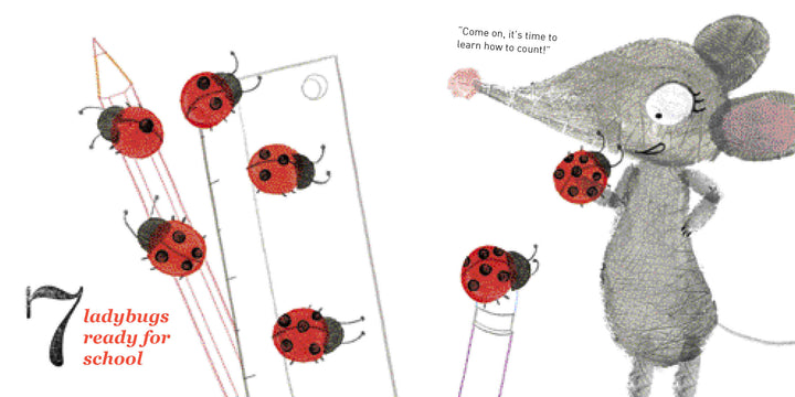 An illustration from "1, 2, 3, Lili's Counting" by Schiffer Publishing, Ltd. shows a gray mouse with a pencil and seven red ladybugs on a ruler and the mouse’s nose—perfect for introducing numbers in this delightful board book.