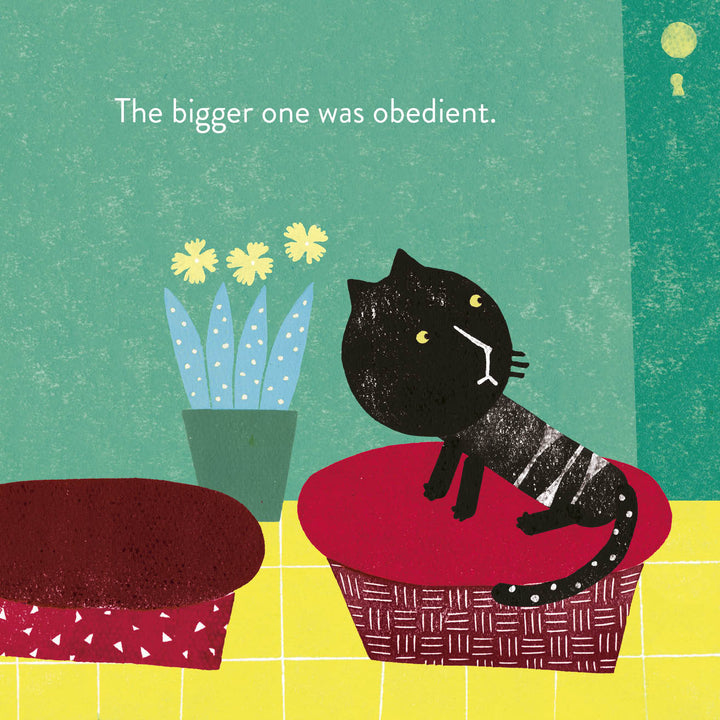Inspired by Rocío Alejandro, Brothers by Schiffer Publishing, Ltd. features a black cat on a red stool, with a plant and another stool nearby. "The bigger one was obedient" highlights sibling relationships in this charming illustration.